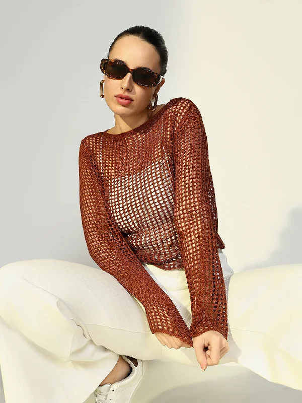 Super Bargain Women Solid Brown Crochet Top with Slip