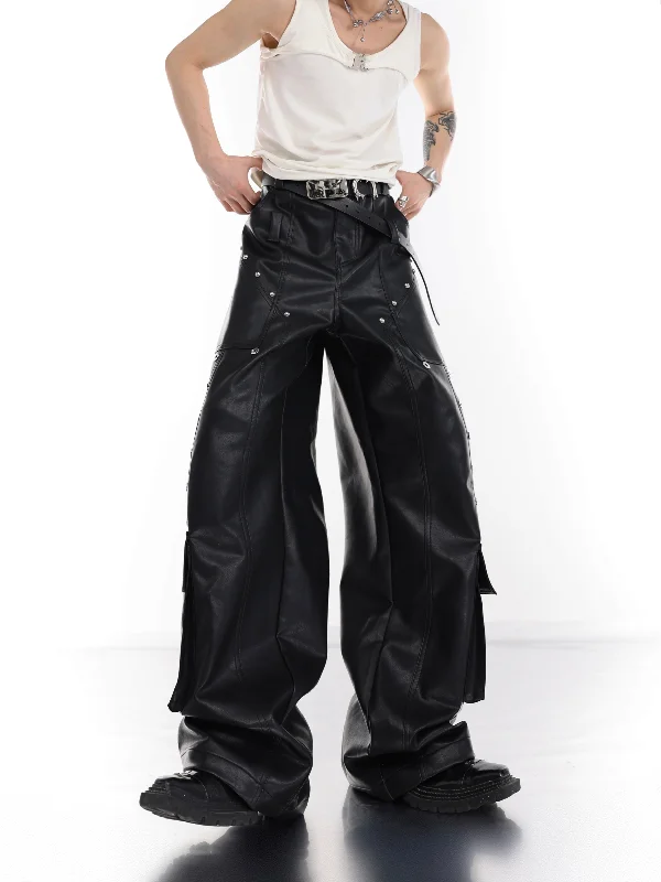 Celebrate the Weekend with Discounts Metal Buttons Stitch Pocket Leather Pants