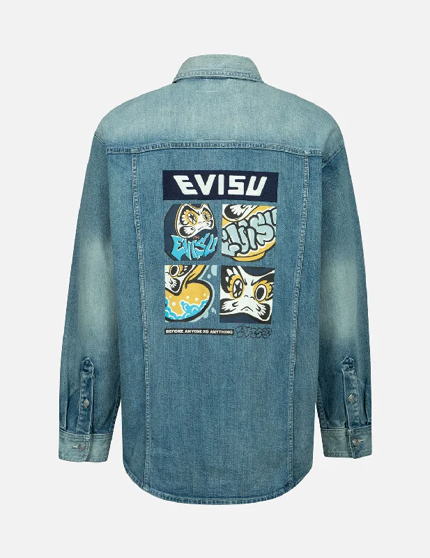 Quick Deals Graffiti Darma Grid Graphic Print Denim Shirt Jacket