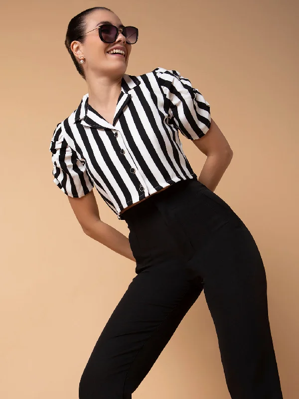 Great Deal Women Striped Black Blouson Crop Top